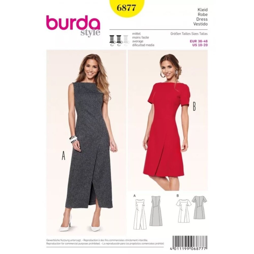 Burda 6877 Pattern Mock Wrap Dress Sleeve/No Sleeve Sizes 10-20 New & Uncut Plus